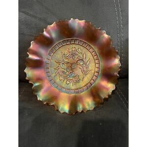Carnival glass Ruffled 9” bowl iridescent amber marigold Windflower Dugan